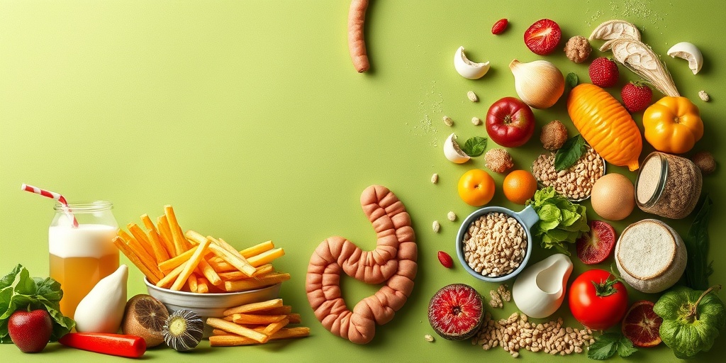 A split-screen image contrasting unhealthy fast food with healthy fruits and vegetables, promoting better dietary choices.3.png