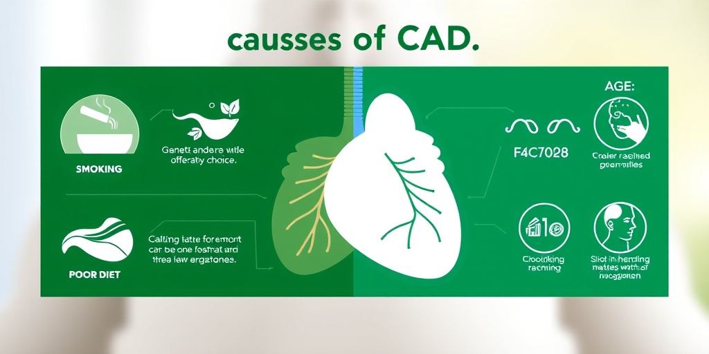 A split-screen visual depicts unhealthy lifestyle choices versus genetic factors contributing to Coronary Artery Disease.3.png
