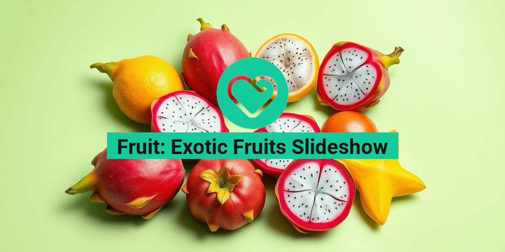 A stunning arrangement of exotic fruits like dragon fruit and mangosteen, showcasing vibrant colors against a soft green background. • Yesil Health AI