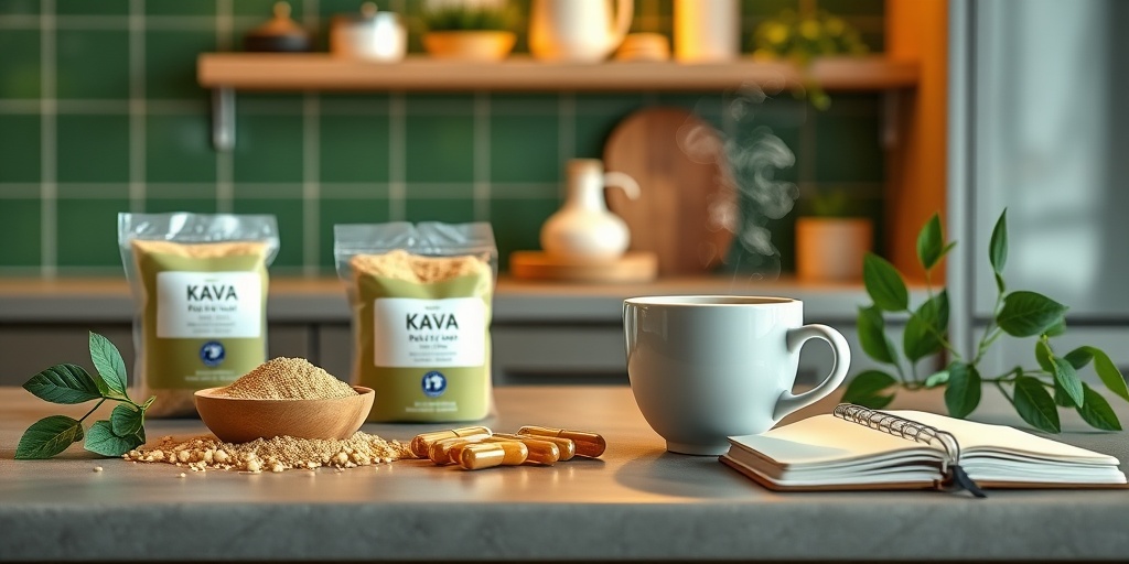 A stylish kitchen countertop displaying kava powder, capsules, and tea, symbolizing mindfulness and self-care in wellness practices.  3.png