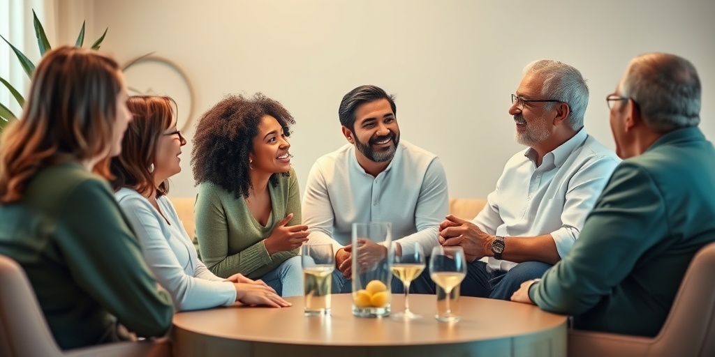 A support group meeting filled with diverse individuals sharing stories, fostering community and hope for recovery. 5.png