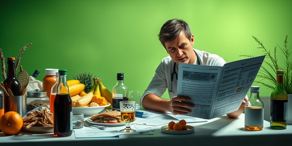 A table filled with unhealthy foods and medical charts, as an individual contemplates their health choices. 3.png