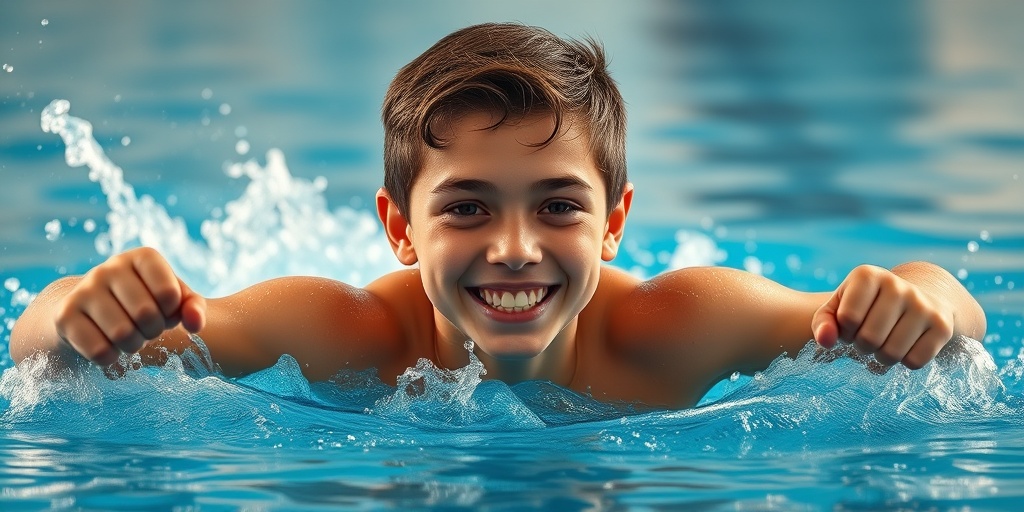A teenager swims joyfully, showcasing resilience and strength, with a serene pool background symbolizing healing.5.png