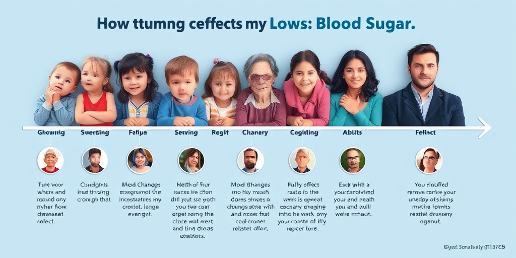 A timeline illustrates the long-term effects of low blood sugar, showing children growing into adults with various health impacts.  5.png