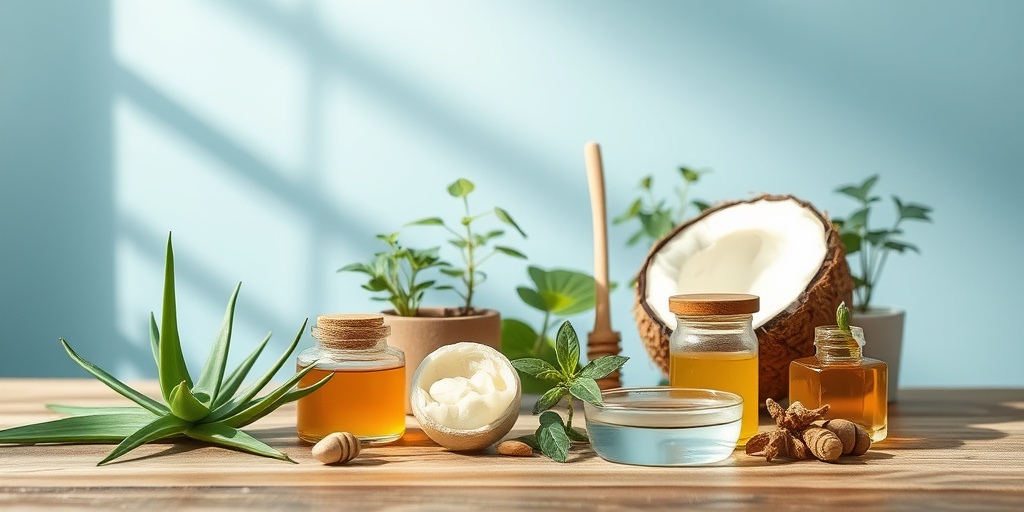 A tranquil arrangement of natural skin care ingredients like aloe vera and honey, illuminated by soft light on a wooden table.5.png