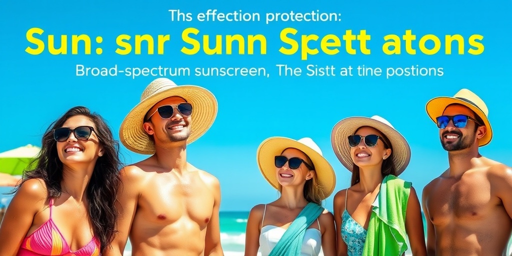 A vibrant beach scene showcasing individuals practicing sun safety with sunscreen, hats, and sunglasses under a bright blue sky.4.png