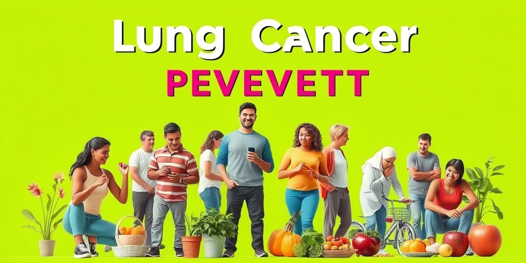 A vibrant scene of individuals promoting lung cancer prevention through exercise and healthy eating, set against a lively green background.5.png