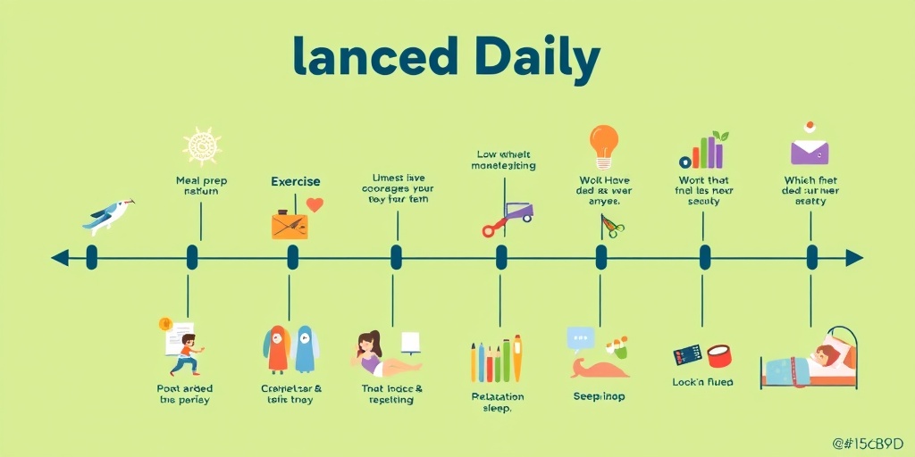 A vibrant timeline showcases a balanced daily routine, featuring meal prep, exercise, and relaxation against a calming green background.  5.png