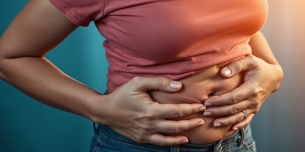 A woman holds her abdomen, expressing concern over fibroid symptoms, set against soft blue tones that evoke empathy and understanding.2.png