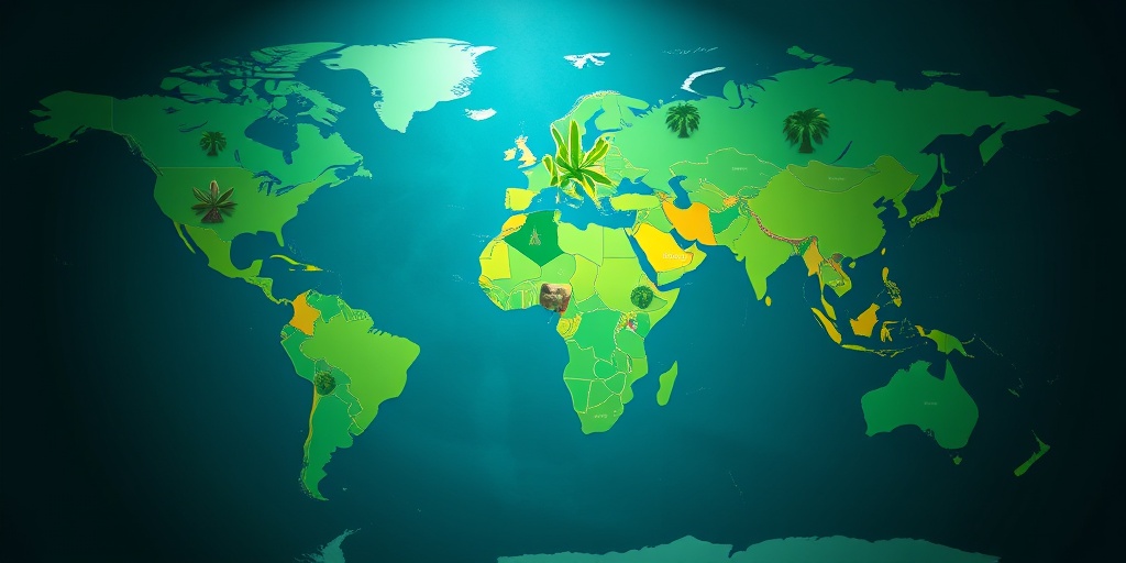 A world map illustrating kava's legal status, adorned with cultural symbols and plants, inviting exploration of its global journey.  5.png