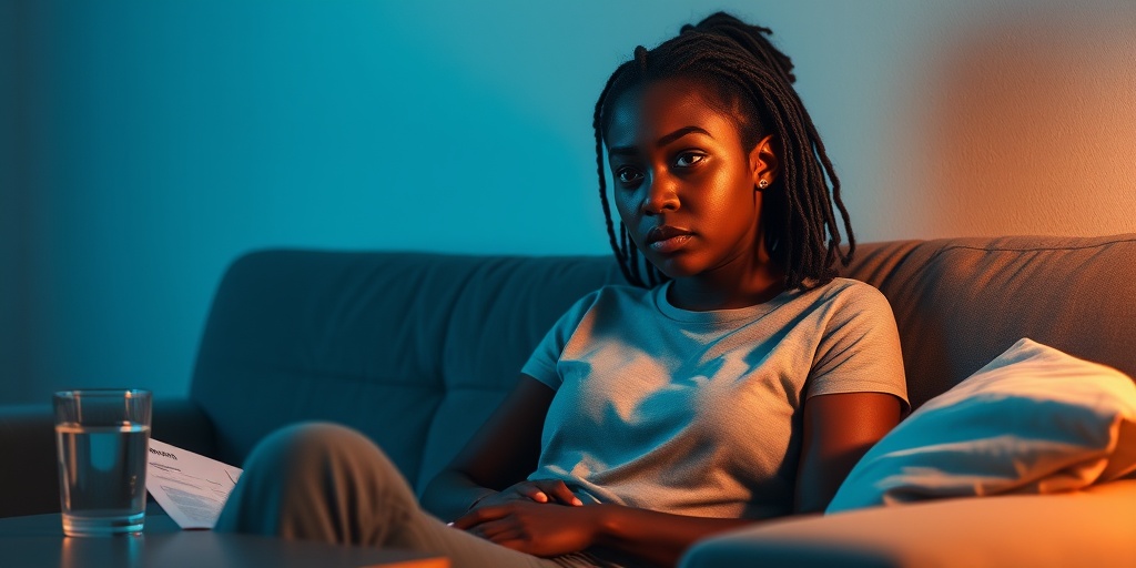 A young Black woman sits thoughtfully on a couch, surrounded by medical pamphlets, reflecting on her health journey with HIV.  2.png