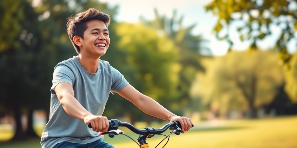 A young adult cycles joyfully in a park, symbolizing hope and vitality despite Mucopolysaccharidoses challenges.  5.png