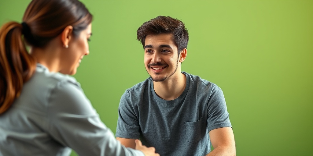 A young adult engages in therapy, radiating determination and optimism against a calming green backdrop, highlighting potential for recovery. 5.png