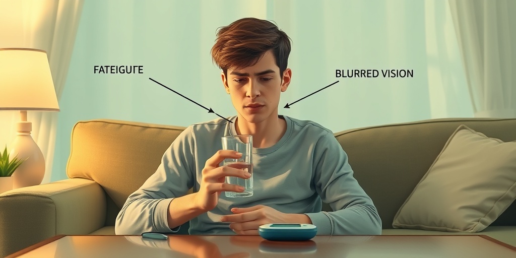 A young adult experiences fatigue and thirst in a cozy living room, holding water and a glucose meter.  2.png