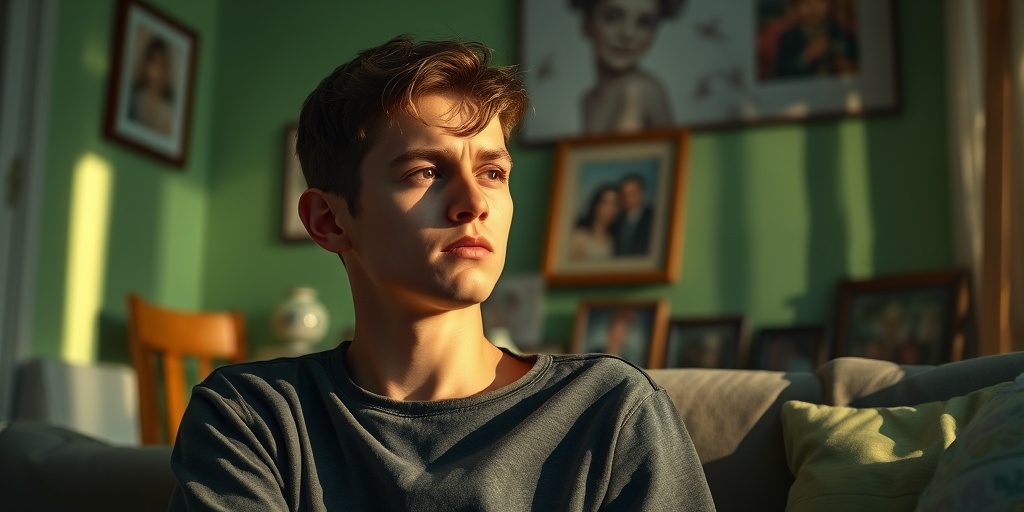 A young adult reflecting on Shaken Baby Syndrome's long-term effects in a cozy, warmly lit room.  4.png