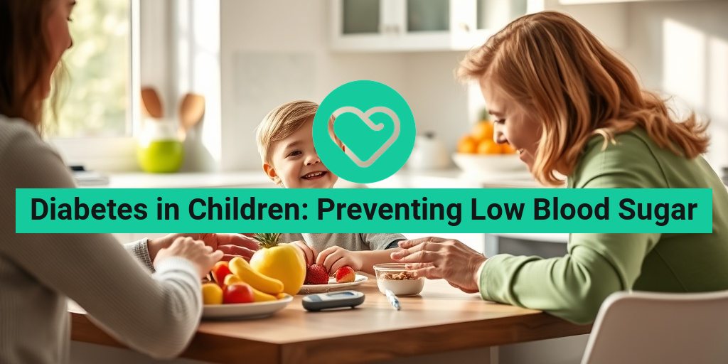 A young child smiles at a kitchen table filled with colorful fruits and healthy snacks, learning about blood sugar management. • Yesil Health AI