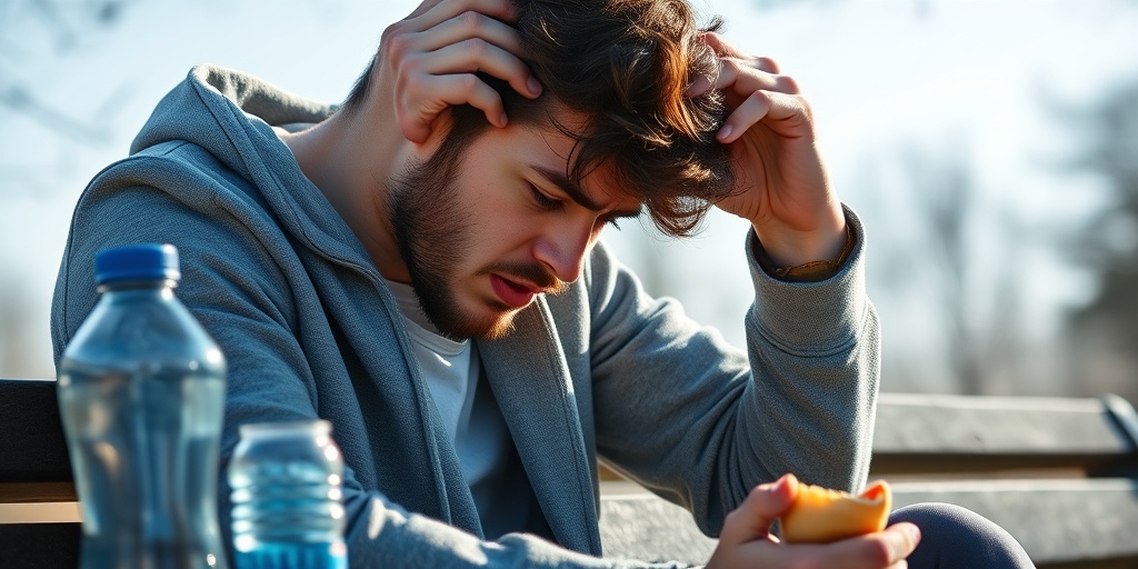 A young man on a park bench, visibly fatigued, holding his head, highlighting low blood pressure symptoms.  2.png