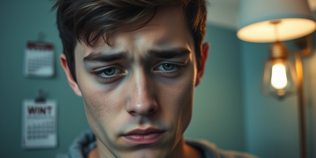 A young man's face shows signs of Seasonal Affective Disorder, with a distant look and a softly blurred background.2.png