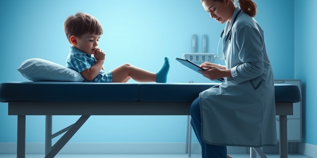 A young patient shows discomfort on an examination table, with a concerned healthcare provider in a calming blue clinical setting.2.png