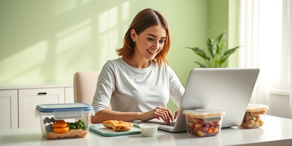 A young woman reviews her dietary plan at a desk, empowered by her insulin pump and healthy meals.  4.png