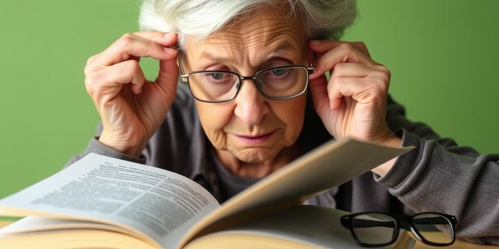An elderly woman squints at a book, her frustration evident as she struggles with her eyesight in a calming green background. 2.png