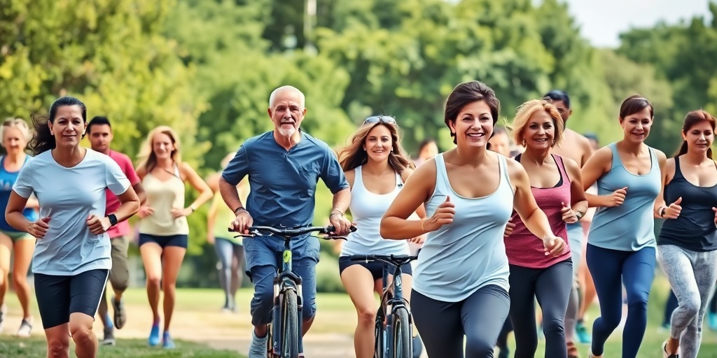 An energetic outdoor gathering where people of all ages engage in jogging, cycling, and yoga, promoting community wellness.2.png