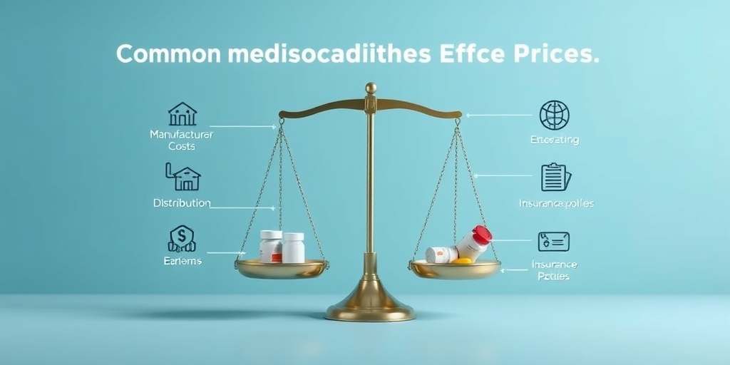 An infographic illustrates factors influencing medication prices, featuring a balanced scale against a subtle blue background. 2.png