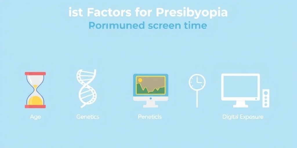 An infographic illustrates presbyopia risk factors, using distinct icons on a calming blue background for easy understanding.3.png