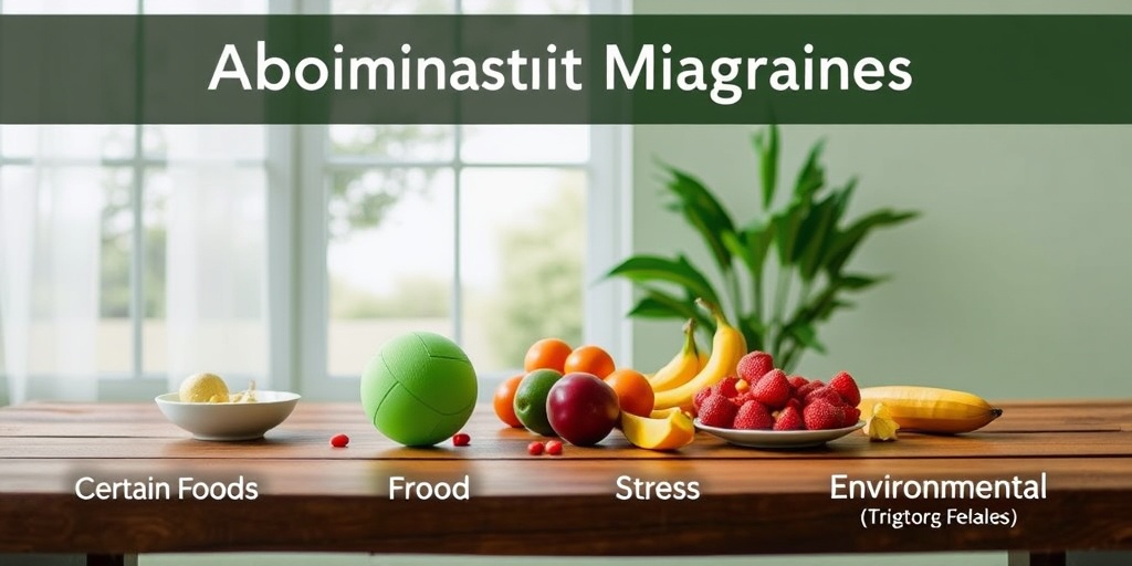 An informative display of abdominal migraine triggers, featuring colorful foods, a stress ball, and a serene outdoor view.  3.png