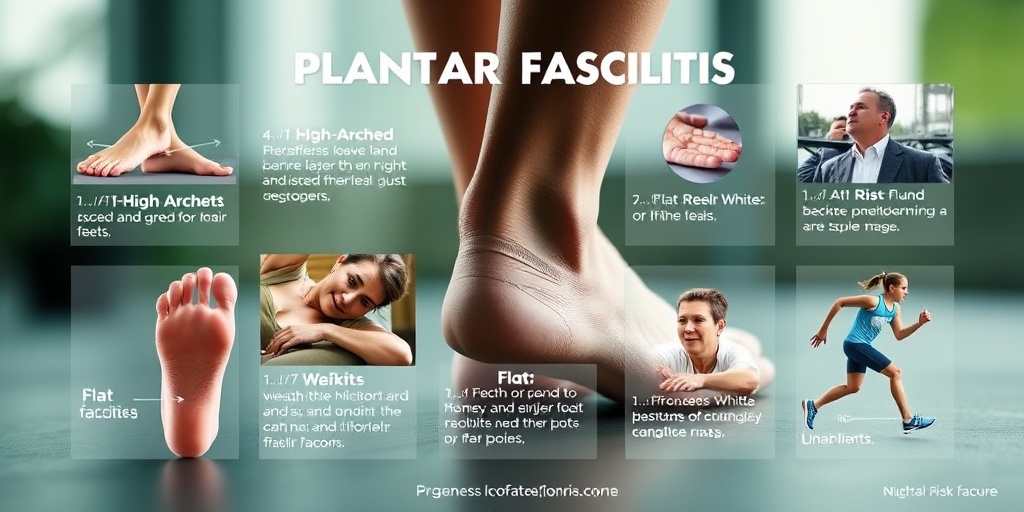 An informative layout displays risk factors for plantar fasciitis, featuring high-arched and flat feet in a cohesive color palette.3.png