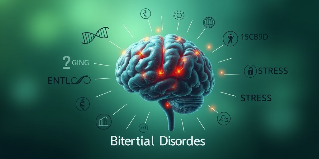 An intricate brain illustration surrounded by symbols of genetic and environmental factors related to Bipolar Disorder. 3.png