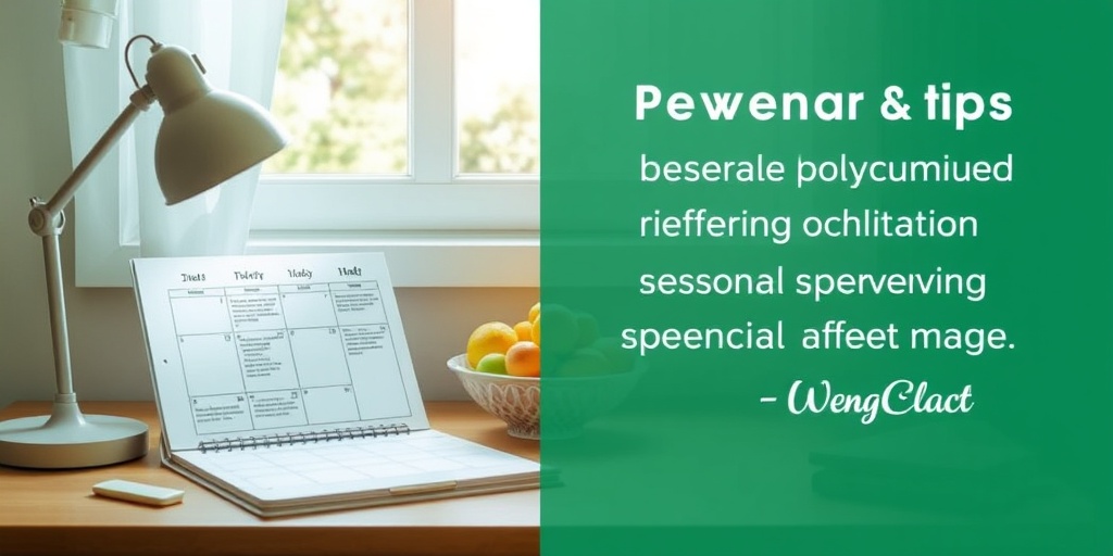 An organized desk displays prevention tips for Seasonal Affective Disorder, including a planner, light therapy lamp, and fresh fruits.5.png