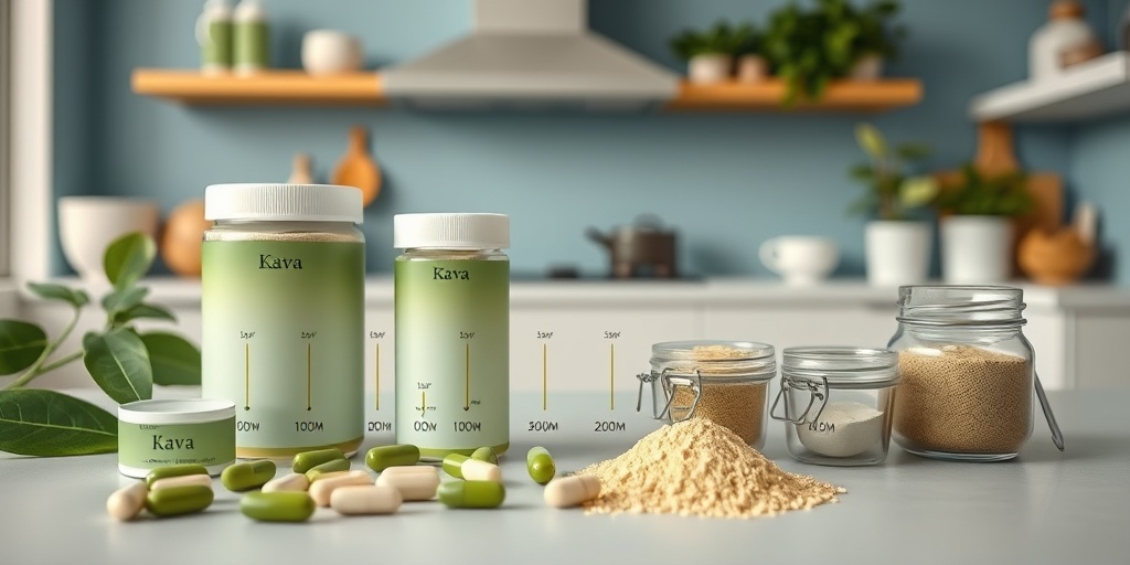 An organized display of kava products in a modern kitchen, emphasizing responsible consumption with measured doses and soothing colors.  4.png