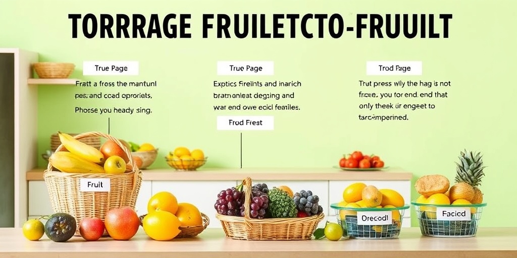 An organized kitchen displaying exotic fruits in baskets, with clear labels for storage methods, promoting healthy eating habits.5.png