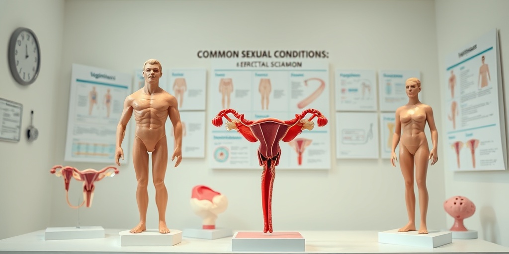 Anatomical models and educational charts illustrate common sexual conditions in a serene, well-lit medical office.  2.png