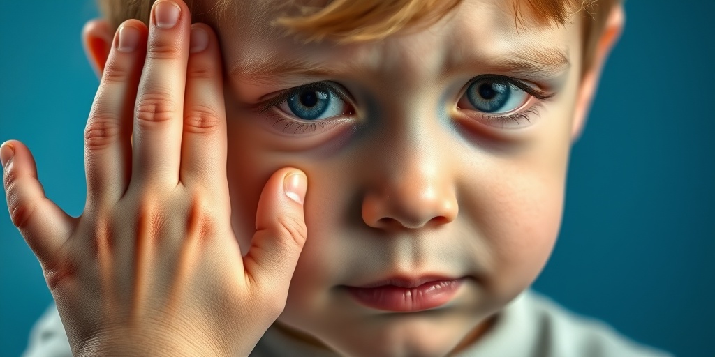 Close-up of a child's hands and face, showcasing unique aging signs of HGPS against a soft blue background.  2.png