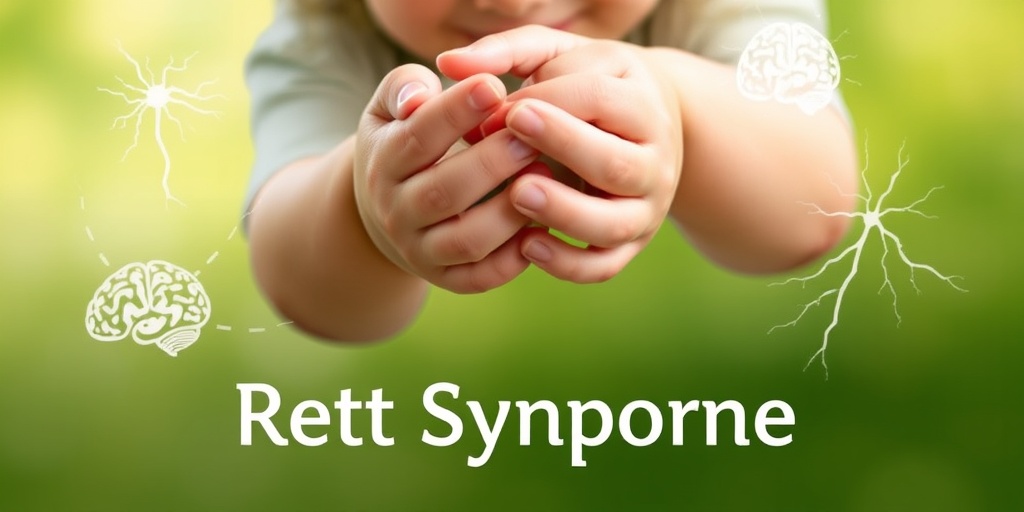 Close-up of a child's hands exhibiting characteristic movements of Rett Syndrome against a soothing green and white background.  2.png