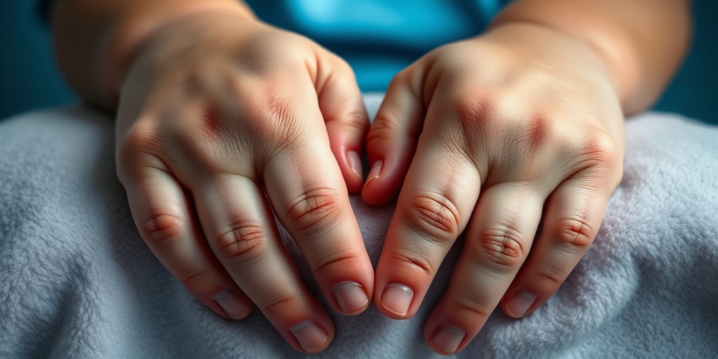 Close-up of a child's hands shows swollen joints and redness, resting on a soft surface, evoking empathy.2.png
