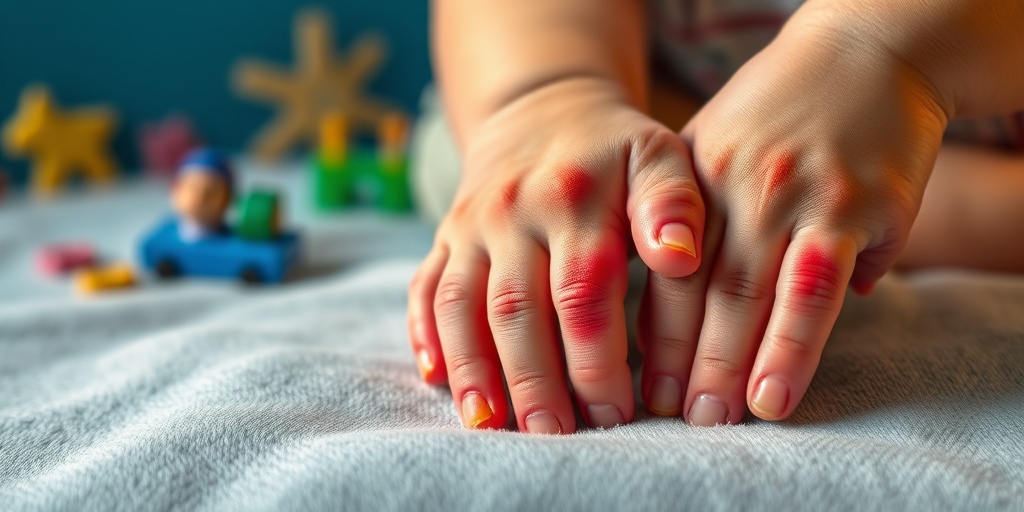 Close-up of a child's swollen hands resting on a textured surface, with a soft blue background enhancing the focus.2.png
