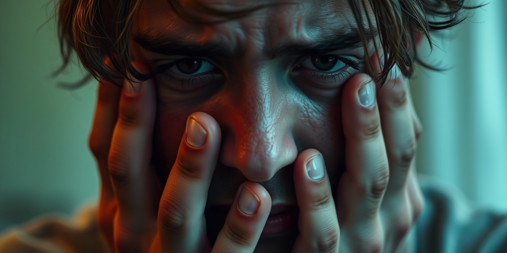 Close-up of a distressed individual showing signs of alcohol abuse, with trembling hands and weary eyes. 2.png