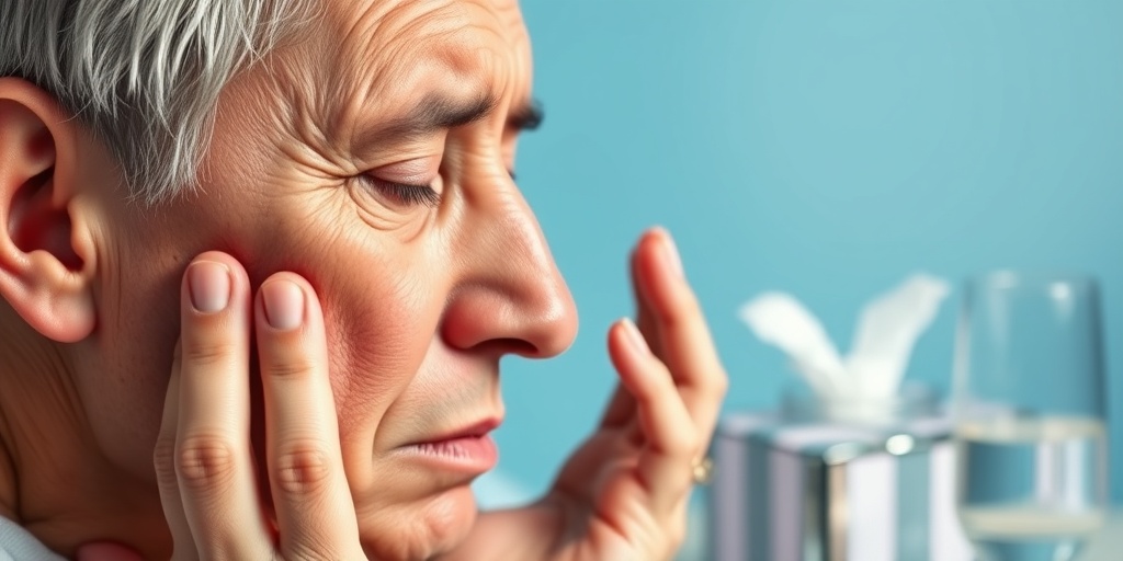 Close-up of a patient experiencing discomfort from nasopharyngeal cancer, highlighting nasal obstruction and ear pain.  2.png