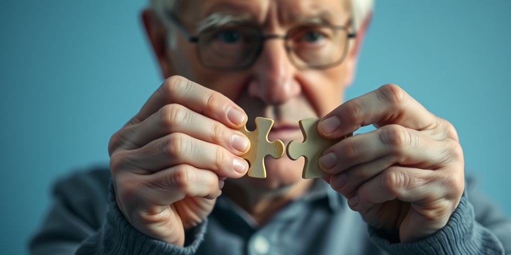 Close-up of an elderly man's hands gripping a puzzle piece, showcasing concentration and frustration amidst memory loss.  2.png