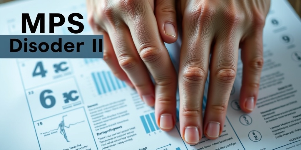 Close-up of hands affected by MPS Disorder II, showcasing joint stiffness against a soft blue background.  2.png