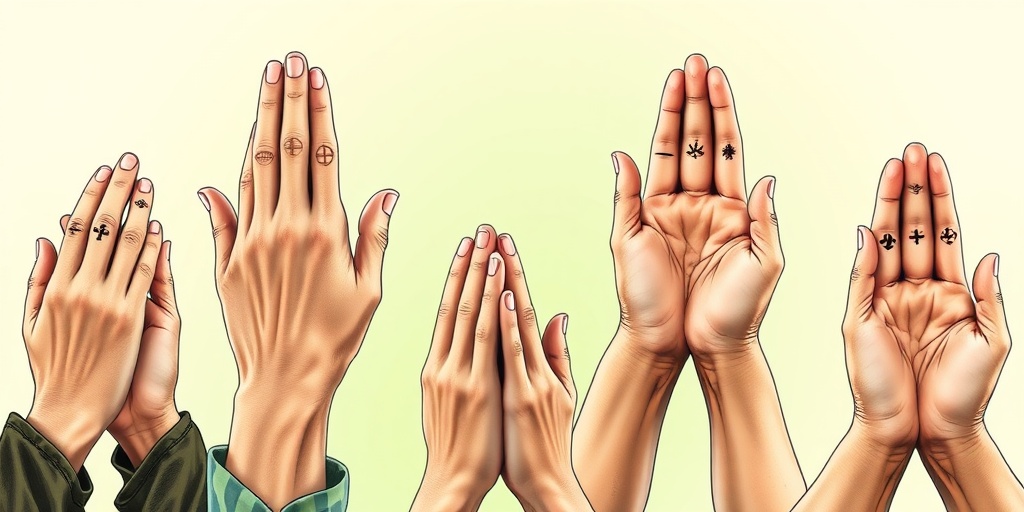 Close-up of hands in various prayer positions, adorned with cultural symbols, showcasing diversity in prayer practices.  3.png