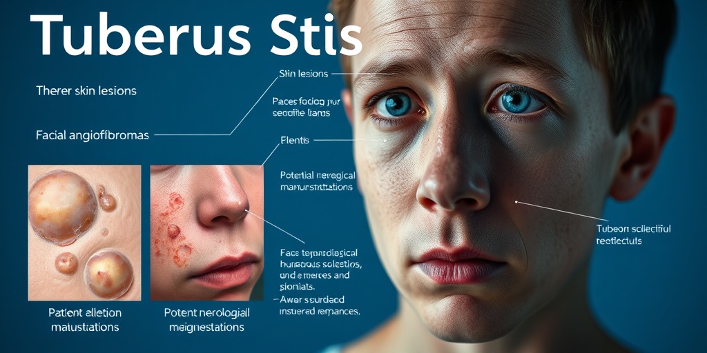 Close-up of skin lesions and facial angiofibromas, highlighting Tuberous Sclerosis symptoms against a subtle blue background.  2.png