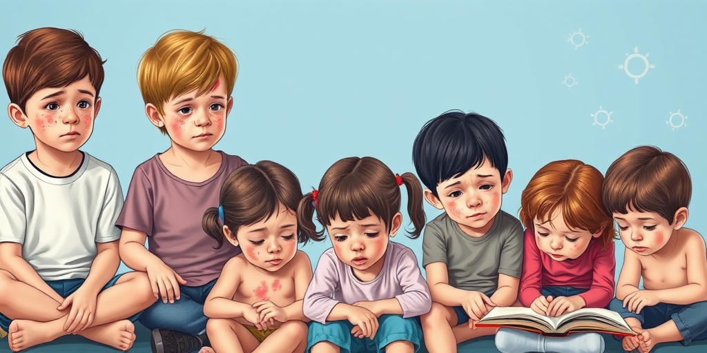 Diverse children display various skin conditions, engaged in playful activities, with expressions of concern against a serene blue backdrop.  2.png