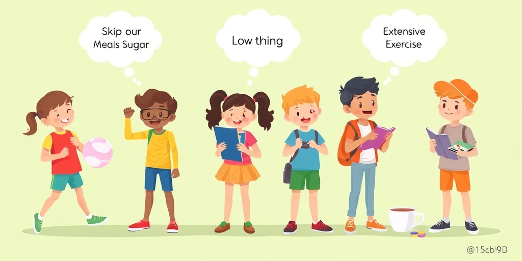 Diverse children engage in activities, each with thought bubbles showing causes of low blood sugar, set against a calming green backdrop.  3.png