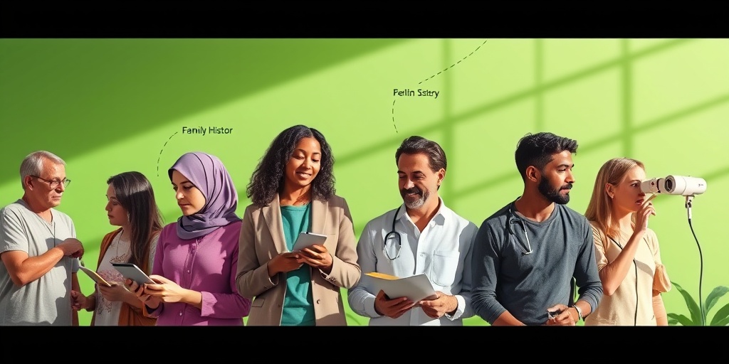 Diverse individuals discuss family medical history in a vibrant setting, highlighting genetic and environmental risk factors for Retinoschisis.  3.png