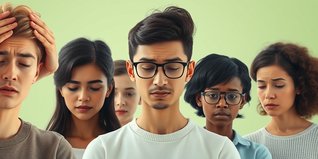 Diverse individuals express symptoms of Giant Cell Glioblastoma, showcasing concern in a serene green background.2.png