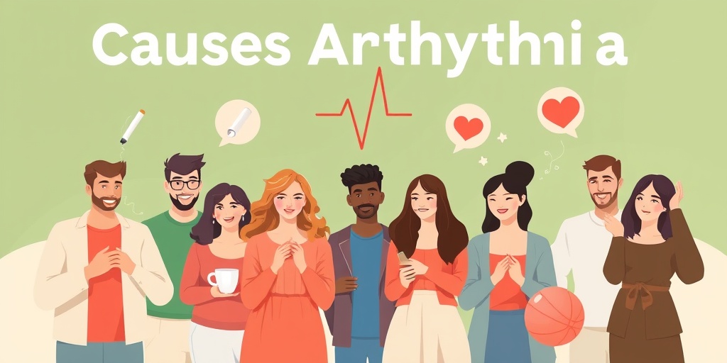 Diverse individuals illustrate lifestyle factors contributing to arrhythmia, surrounded by a blend of green and creamy whites.  3.png